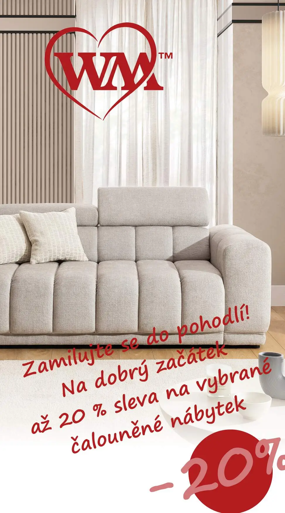 pohodlná pohovka Augusto v moderním provedení, světlá látka, nastavitelná opěrka hlavy, široké bočnice, svislé prošívání, moderní design