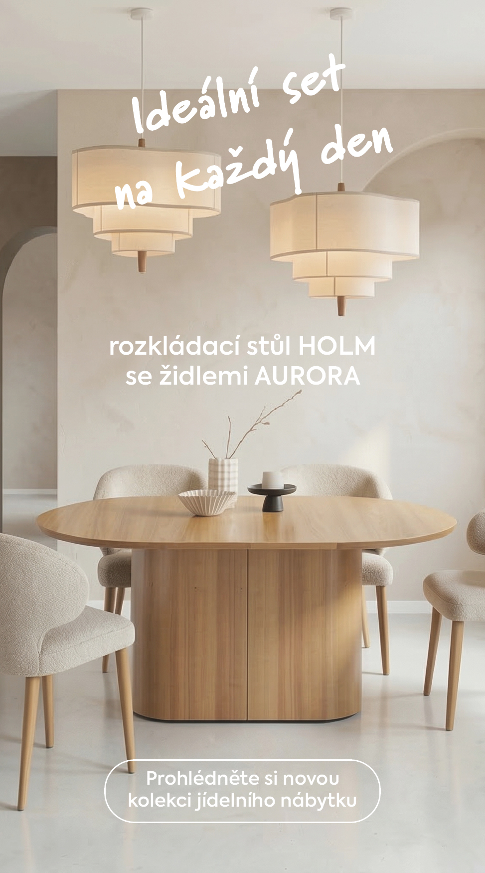 Rozkládací stůl Holm v moderním interiéru v béžových odstínech.   
