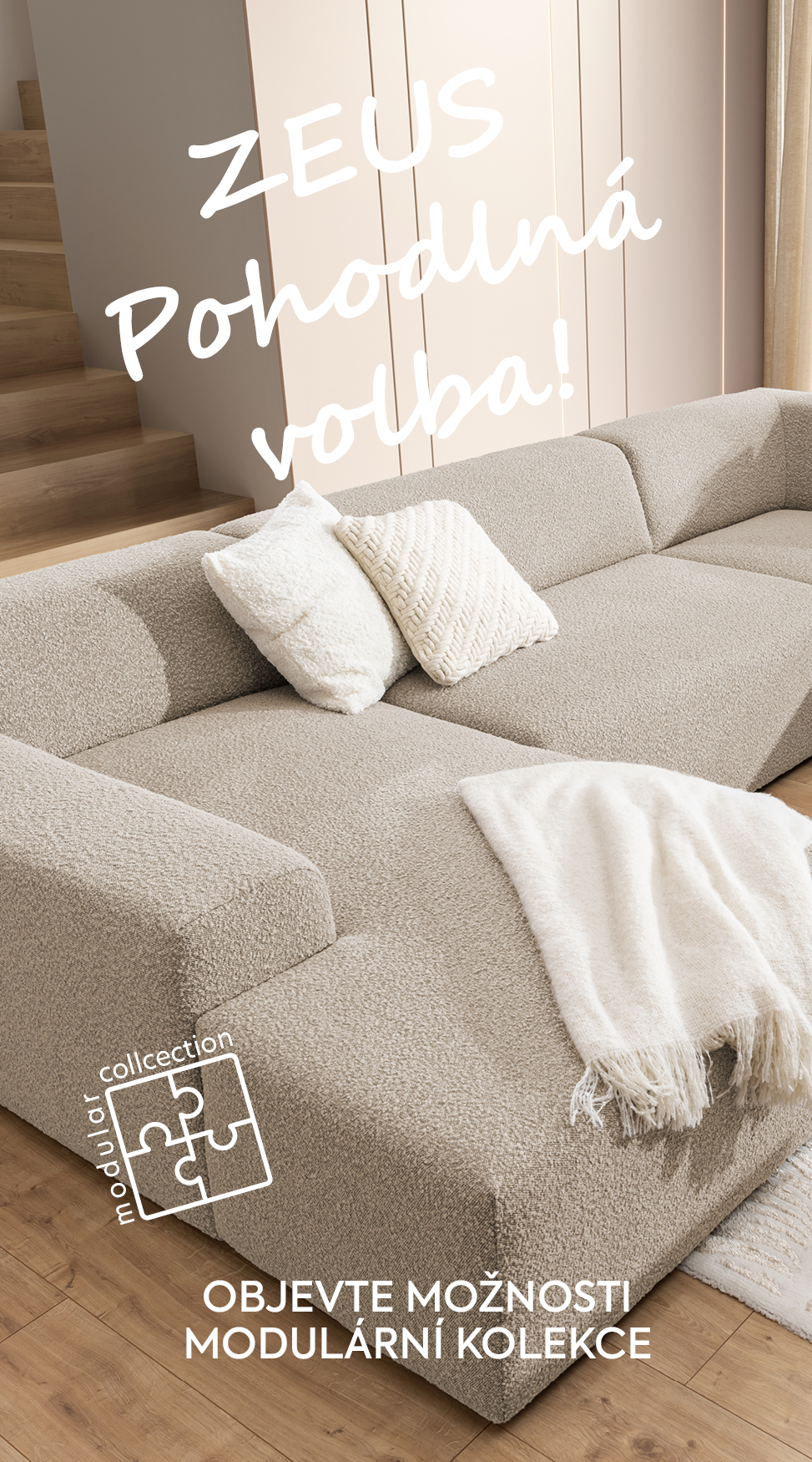 Rohová sedací souprava Zeus X-large z modulární kolekce, která se skvěle hodí do moderních interiérů. Jednoduchý design a nadprůměrné pohodlí v béžové barvě. 